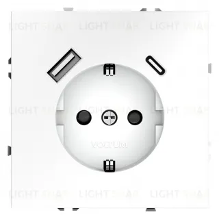 Розетка с заземлением, шторками и 2USB A+С, (5, 9, 12В/3А) Voltum S70 16А, белый матовый VLS040502 VLS040502