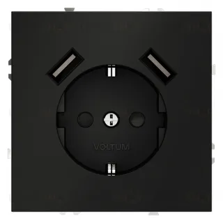 Розетка с заземлением, шторками и 2 USB A+A, 5В/3А, Voltum S70 16А, черный матовый VLS040408 VLS040408