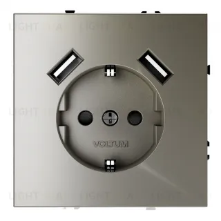Розетка с заземлением, шторками и 2 USB A+A, 5В/3А, Voltum S70 16А, шелк VLS040404 VLS040404