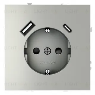 Розетка с заземлением, шторками и 2USB A+С, (5, 9, 12В/3А) Voltum S70 16А, сталь VLS040505 VLS040505