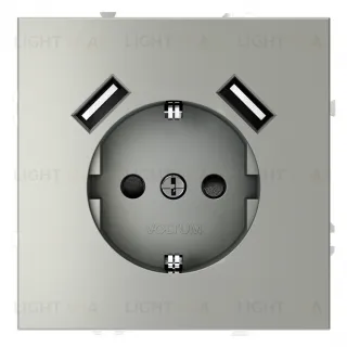 Розетка с заземлением, шторками и 2 USB A+A, 5В/3А, Voltum S70 16А, сталь VLS040405 VLS040405