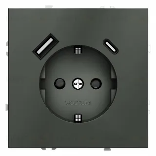 Розетка с заземлением, шторками и 2USB A+С, (5, 9, 12В/3А) Voltum S70 16А, титан VLS040506 VLS040506