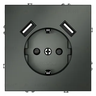 Розетка с заземлением, шторками и 2 USB A+A, 5В/3А, Voltum S70 16А, титан VLS040406 VLS040406