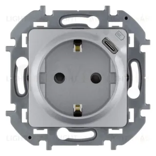Розетка с заземлением со шторками 16A/250В с USB тип C 1.5А 5В Daccord (Legrand) INSPIRIA алюминий 673772 673772