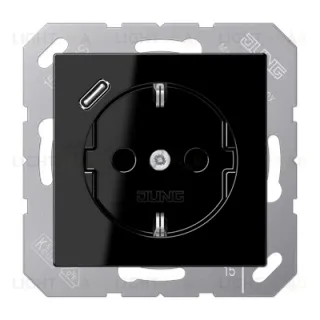Розетка с заземлением + USB тип C, Jung 16А/250В черный глянцевый A1520-18CSW A1520-18CSW