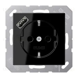 Розетка с заземлением + USB тип A, Jung 16А/250В черный глянцевый A1520-18ASW A1520-18ASW