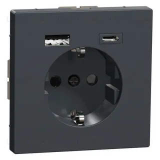 Розетка с заземлением с 2 USB А+С 3А и защитными шторками 16А/250В Merten D-life, антрацит MTN2367-6034 MTN2367-6034