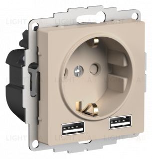 Розетка с заземлением и с 2 USB A+A, 2х5В/1,2А, Schneider Electric Atlasdesign 16А, песочный ATN001230 ATN001230