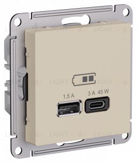 Розетка USB для зарядки двойная Atlasdesign A + тип-C 45W высокоскор.заряд. QC, PD, песочный ATN001229 ATN001229