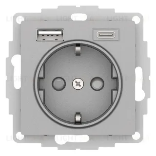 Розетка с заземлением 16А+2USB A+С, (5В/2,4А/3 А, 2х5В/1,5А) Schneider Electric Atlasdesign, алюминий ATN000332 ATN000332