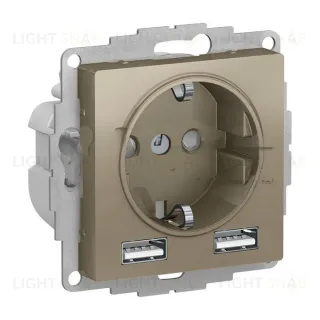 Розетка с заземлением и с 2 USB A+A, 2х5В/1,2А, Schneider Electric Atlasdesign 16А, шампань ATN000530 ATN000530