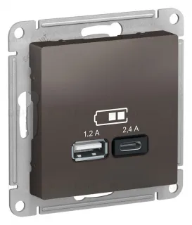 Розетка двойная USB тип A+С, 5В/2,4А, 2х5В/1,2А, Schneider Electric Atlasdesign 16А, мокко ATN000639 ATN000639