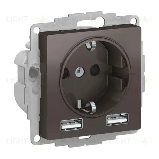 Розетка с заземлением и с 2 USB A+A, 2х5В/1,2А, Schneider Electric Atlasdesign 16А, мокко ATN000630 ATN000630