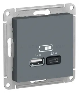 Розетка двойная USB тип A+С, 5В/2,4А, 2х5В/1,2А, Schneider Electric Atlasdesign 16А, грифель ATN000739 ATN000739