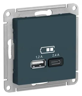 Розетка двойная USB тип A+С, 5В/2,4А, 2х5В/1,2А, Schneider Electric Atlasdesign 16А, изумруд ATN000839 ATN000839