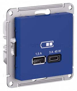 Розетка USB для зарядки двойная Atlasdesign A + тип-C 45W высокоскор.заряд. QC, PD, аквамарин ATN001129 ATN001129