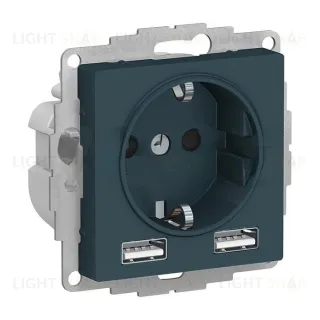 Розетка с заземлением и с 2 USB A+A, 2х5В/1,2А, Schneider Electric Atlasdesign 16А, изумруд ATN000830 ATN000830