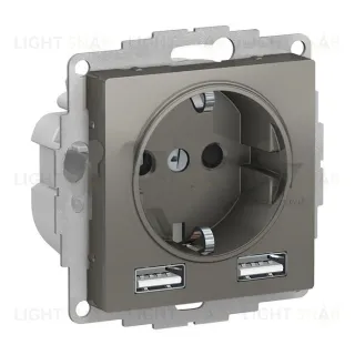 Розетка с заземлением и с 2 USB A+A, 2х5В/1,2А, Schneider Electric Atlasdesign 16А, сталь ATN000930 ATN000930