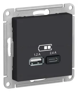Розетка двойная USB тип A+С, 5В/2,4А, 2х5В/1,2А, Schneider Electric Atlasdesign 16А, карбон ATN001039 ATN001039