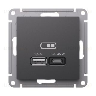 Розетка USB для зарядки двойная Atlasdesign A + тип-C 45W высокоскор.заряд. QC, PD, базальт ATN001429 ATN001429