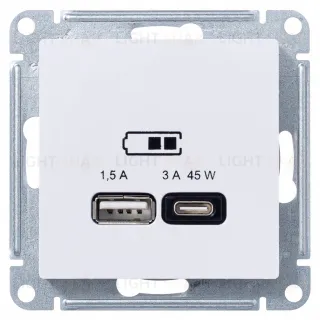 Розетка USB для зарядки двойная Atlasdesign A + тип-C 45W высокоскор.заряд. QC, PD, лотос ATN001329 ATN001329