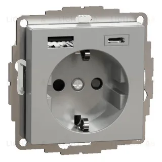 Розетка с заземлением с 2 USB A+C 3А и защитными шторками 16А/250В Merten, алюминий MTN2367-0460 MTN2367-0460