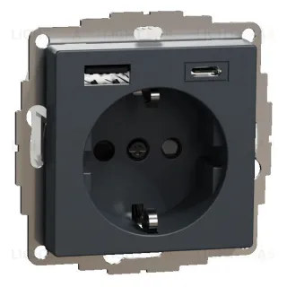 Розетка с заземлением с 2 USB A+C 3А и защитными шторками 16А/250В Merten, антрацит MTN2367-0414 MTN2367-0414