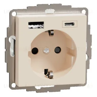 Розетка с заземлением с 2 USB A+C 3А и защитными шторками 16А/250В Merten, кремовый глянцевый MTN2367-0344 MTN2367-0344