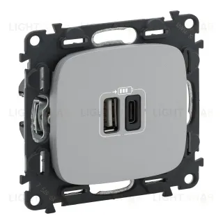 Розетка USB двойная для зарядки тип А+С 240В/5В 3000мА Legrand Valena Allure, алюминий 754967 754967