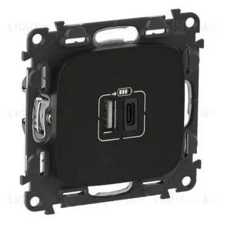 Розетка USB двойная для зарядки тип А+С 240В/5В 3000мА Legrand Valena Allure, матовый черный 754968 754968