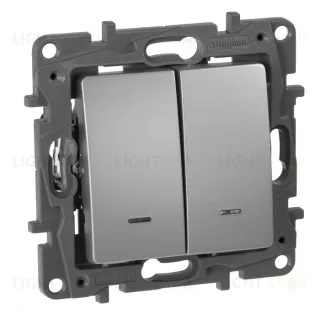 Выключатель-переключатель двухклавишный с подсветкой Legran Etika 10A (алюминий) 672416 672416