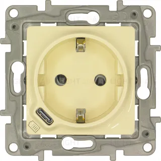 Розетка электрическая со шторками, с заземлением и USB тип С 1500мА/7,5Вт, Legrand Etika слоновая кость 672388 672388