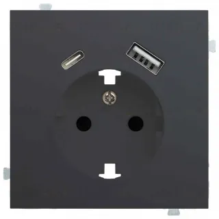 Розетка с заземлением и USB (A+C 5В-2,4А) Rikett 16A/250В, винтовой зажим, черный матовый 32137+35637 MB 32137 + 35637 MB