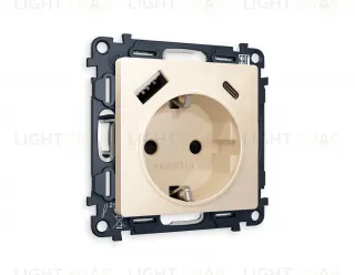 Розетка с заземлением и USB (A+C) Ambrella Volt Alfa 16A/250В, винтовой зажим, бежевый глянец VM160+AP3100 VM160 + AP3100