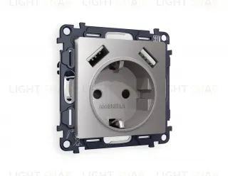 Розетка с заземлением и USB (A+A) Ambrella Volt Alfa 16A/250В, винтовой зажим, сталь матовый VM155+AP5090 VM155 + AP5090