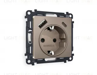 Розетка с заземлением и USB (A+C) Ambrella Volt Alfa 16A/250В, винтовой зажим, темная бронза матовый VM160+AP6400 VM160 + AP6400