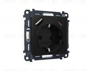 Розетка с заземлением и USB (A+C) Ambrella Volt Alfa 16A/250В, винтовой зажим, черный матовый VM160+AP8100 VM160 + AP8100