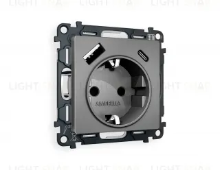 Розетка с заземлением и USB (A+C) Ambrella Volt Alfa 16A/250В, винтовой зажим, антрацит серый VM160+AP6600 VM160 + AP6600