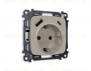 Розетка с заземлением и USB (A+C) Ambrella Volt Omega 16A/250В, винтовой зажим, серо-бежевый матовый VM160+OP3700 VM160 + OP3700