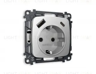 Розетка с заземлением и USB (A+C) Ambrella Volt Omega 16A/250В, винтовой зажим, серебро глянец VM160+OP4100 VM160 + OP4100