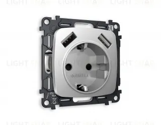 Розетка с заземлением и USB (A+A) Ambrella Volt Omega 16A/250В, винтовой зажим, серебро глянец VM155+OP4090 VM155 + OP4090