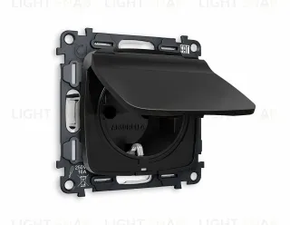 Розетка с заземлением с защитными шторками и крышкой Ambrella Volt Omega 16A/250В, винтовой зажим, черный матовый VM141+OP8080 VM141 + OP8080