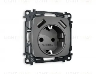 Розетка с заземлением и USB (A+A) Ambrella Volt Omega 16A/250В, винтовой зажим, антрацит серый VM155+OP6590 VM155 + OP6590