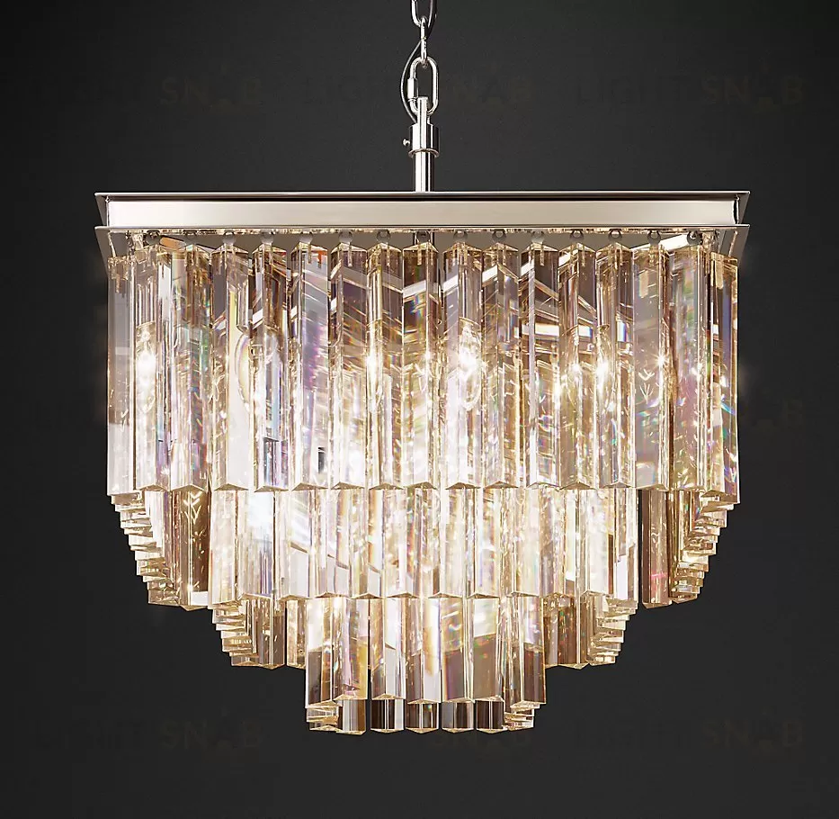 Подвесной дизайнерский светильник  1920S Odeon Clear Glass Fringe Square 3-Tier Chandelier by Restoration Hardware LSR5746