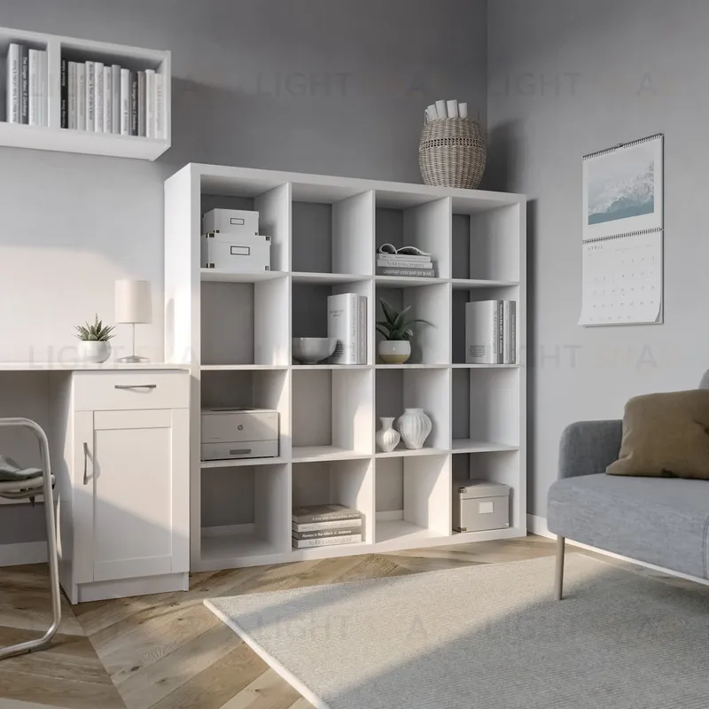 Стеллаж Фора 16, широкий стеллаж с открытыми ячейками, тамбурат белого цвета S00678