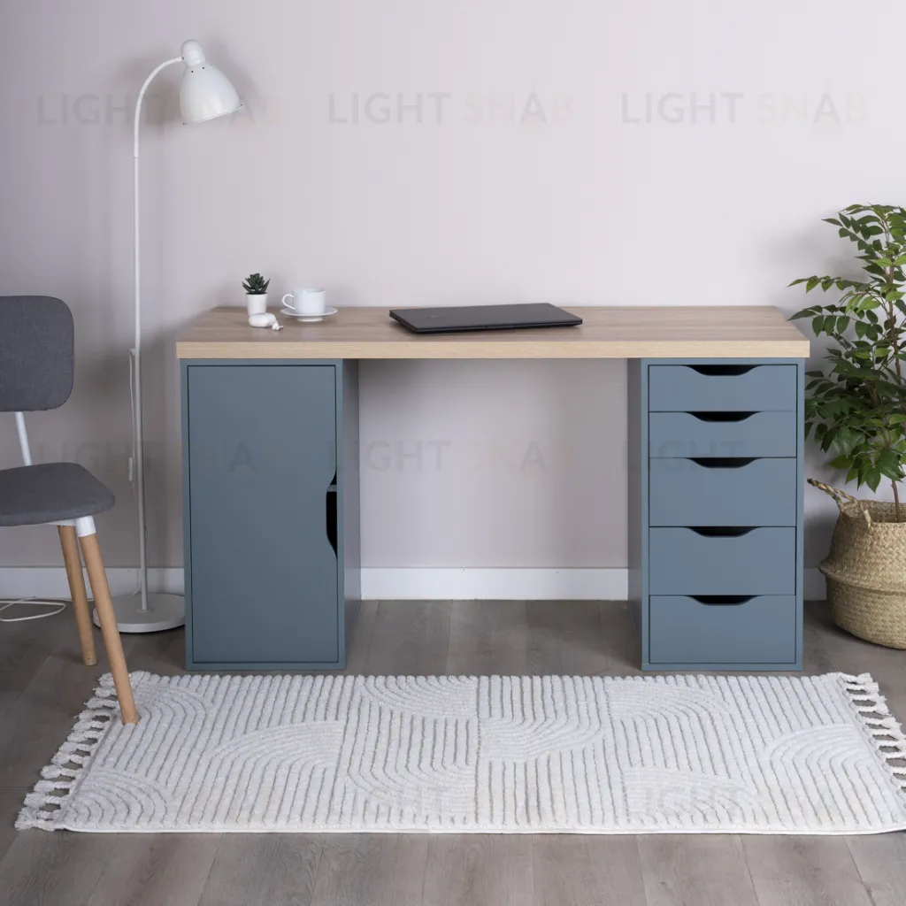 S01613 ИНГАР 2/5/ДВ стол письменный 140x75x55, дуб беленый/серо-бирюзовый S01613