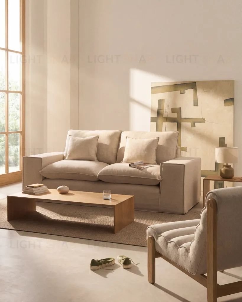 Anarela бежевый льняной диван 2-местный со съемным чехлом и подушками 240 см 409779