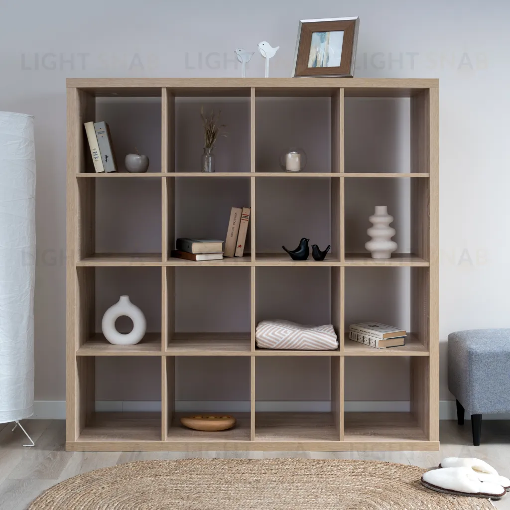 Стеллаж Фора 16, широкий стеллаж с открытыми ячейками, тамбурат, цвет дуб беленый S00685