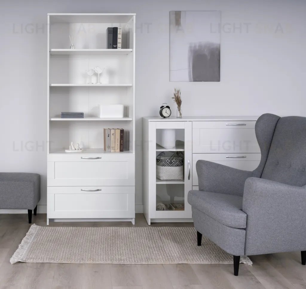 Стеллаж СИРИУС широкий, с двумя ящиками и четырьмя полками, цвет белый 2.02.07.110.1