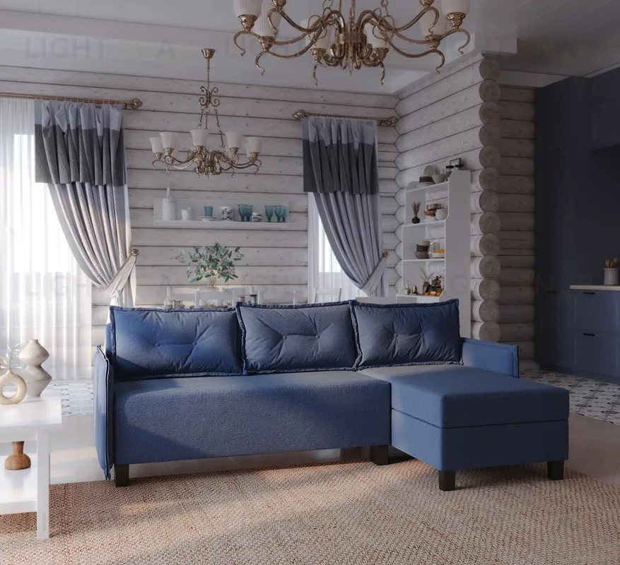 Диван-кровать угловой Киркас синий, ткань рогожка KIRCSB MA79